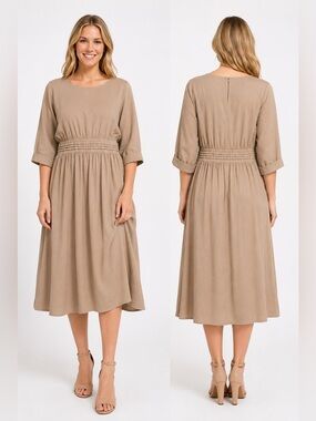 Dainty Jewells Taupe Midi Dress with Smocked Waist
